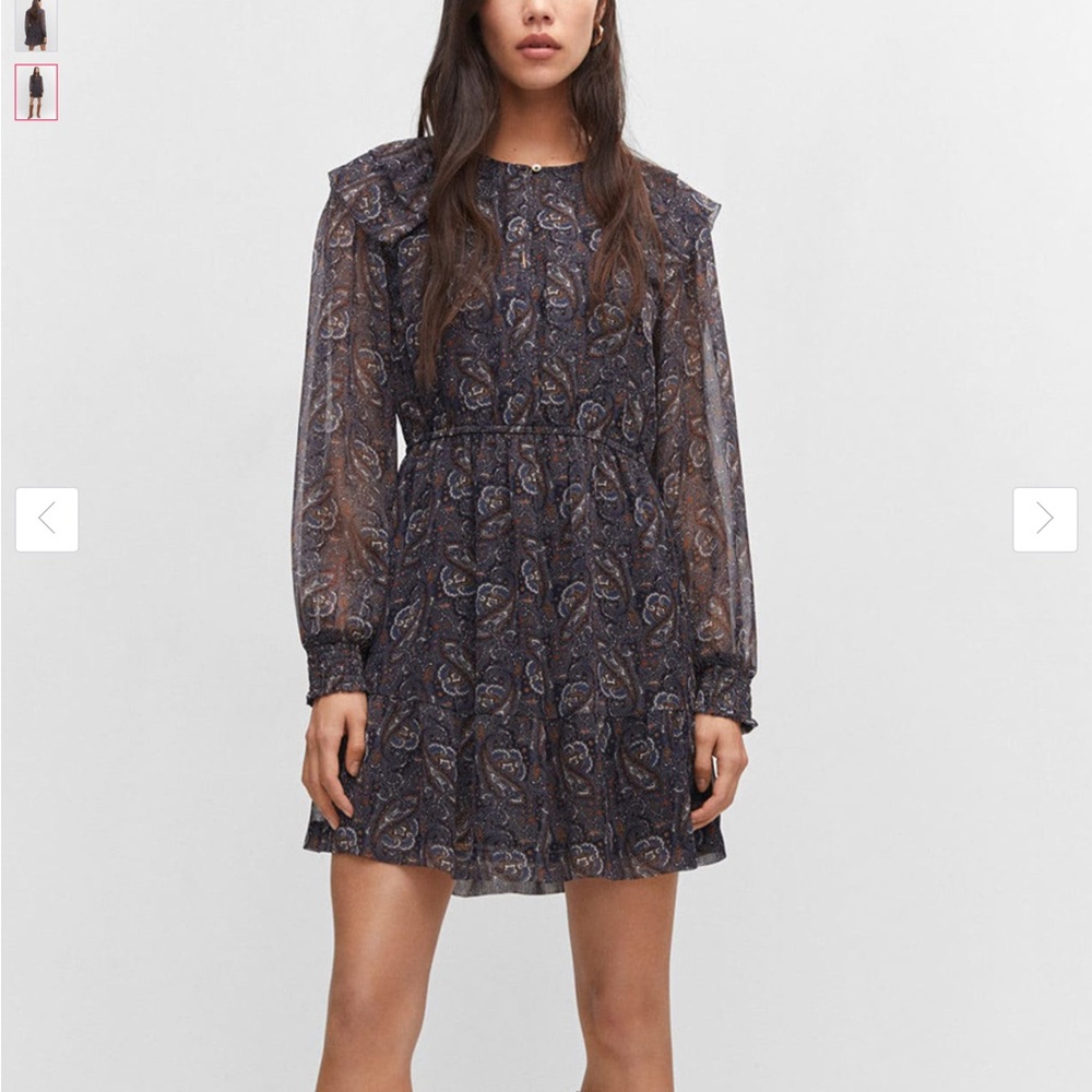 Mango Navy Paisley Midi Long Sleeves Dress